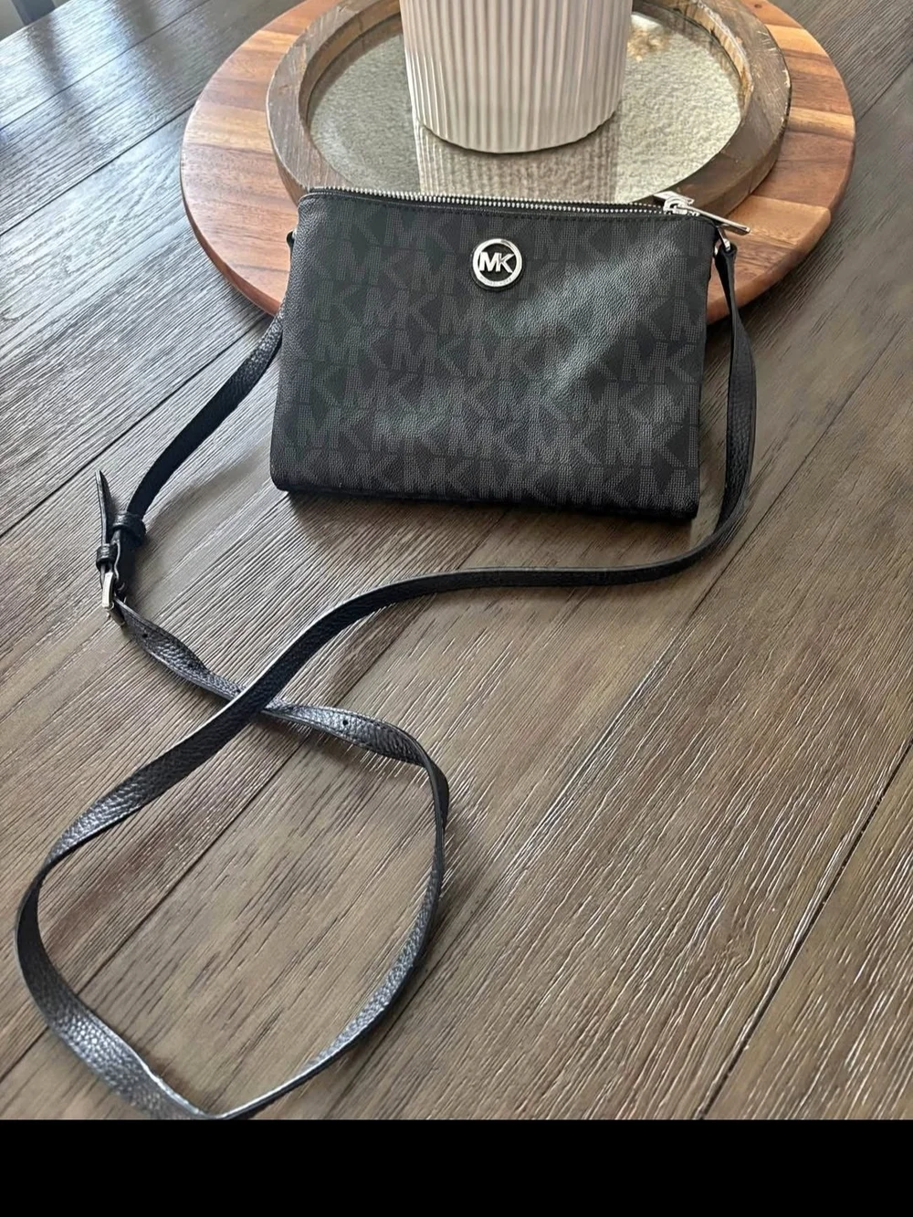 Michael Kors Black Logo Crossbody with Silver MK Accent